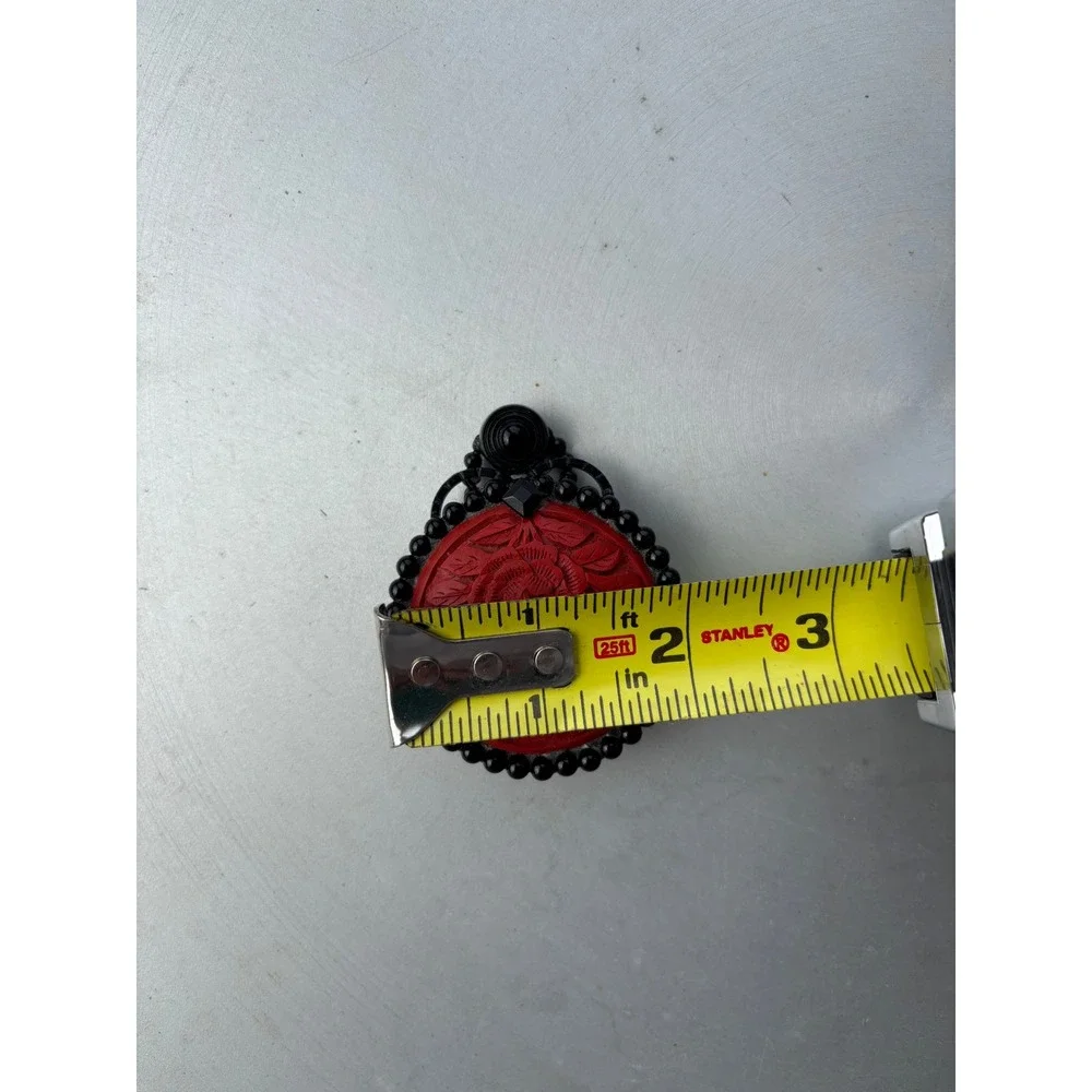 Vintage Red Carved Rose Cinnabar Style Brooch Black Beaded Floral Pin 2 Inch